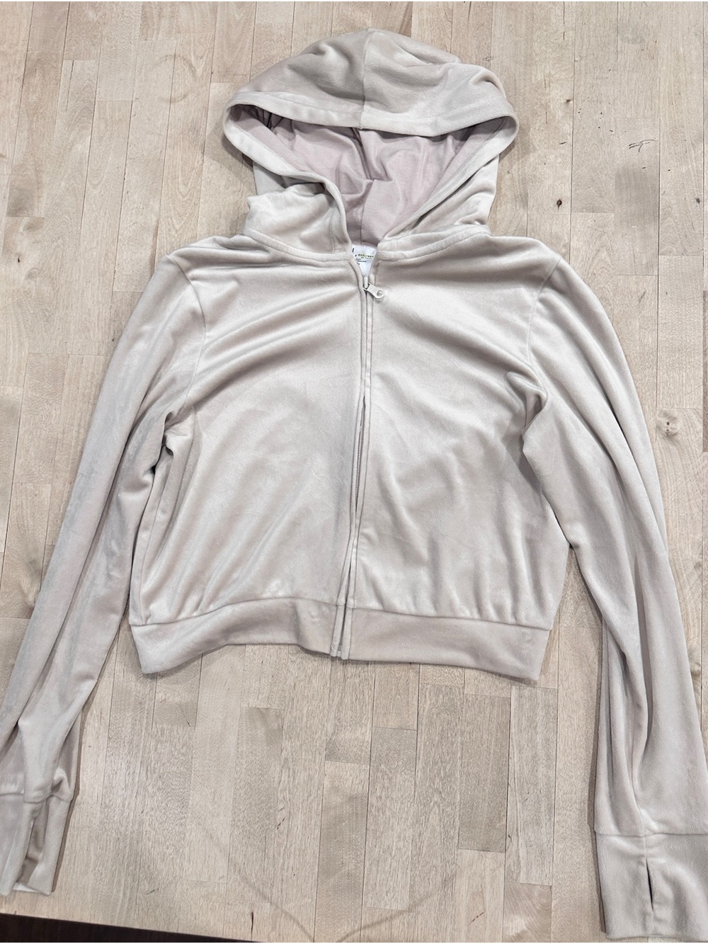 Cropped Zip-Up Hooded Sweatshirt in Light Taupe